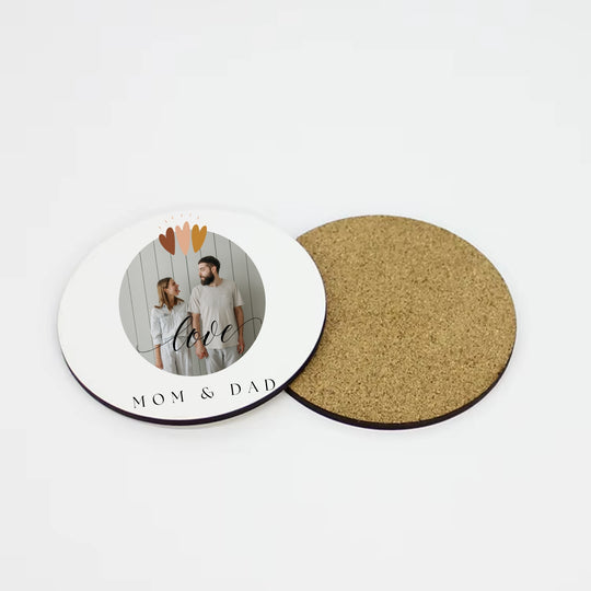Personalised round Mum and Dad photo coaster with Love design and custom wording