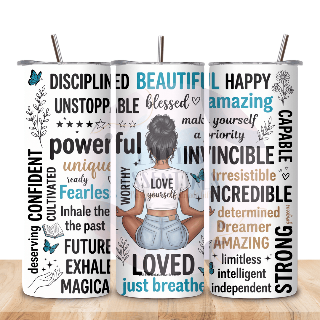 Positive affirmation insulated travel cup with reusable straw