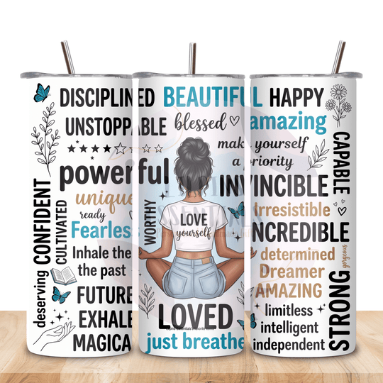 Positive affirmation insulated travel cup with reusable straw