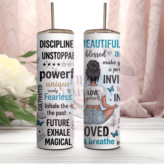Woman holding motivational self love travel tumbler