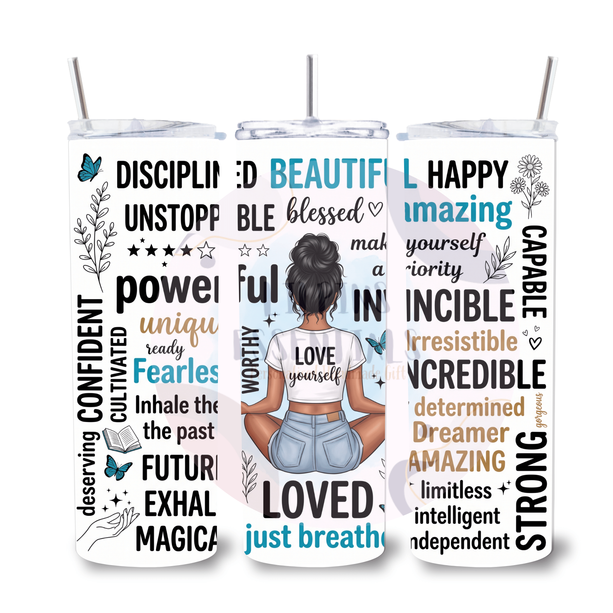 Self Love Affirmation 20oz stainless steel tumbler with motivational quotes