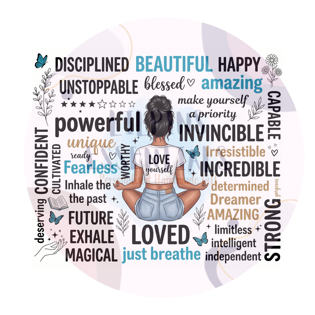Self love affirmation tumbler design close-up with love yourself quote