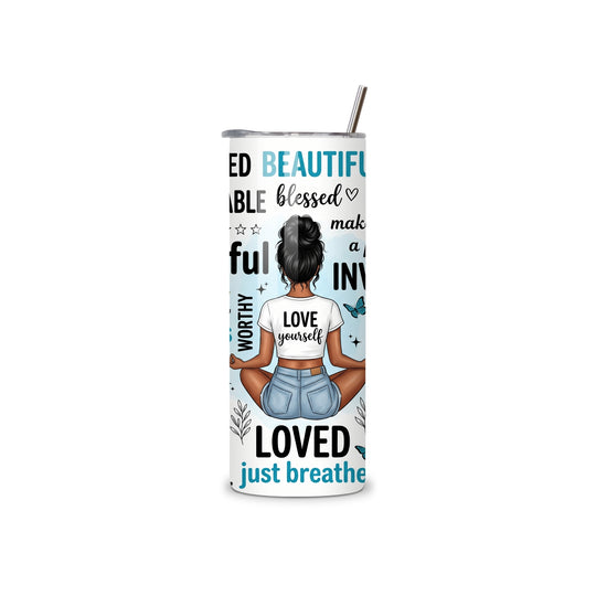Self love affirmation 20oz tumbler with meditating woman and motivational quotes