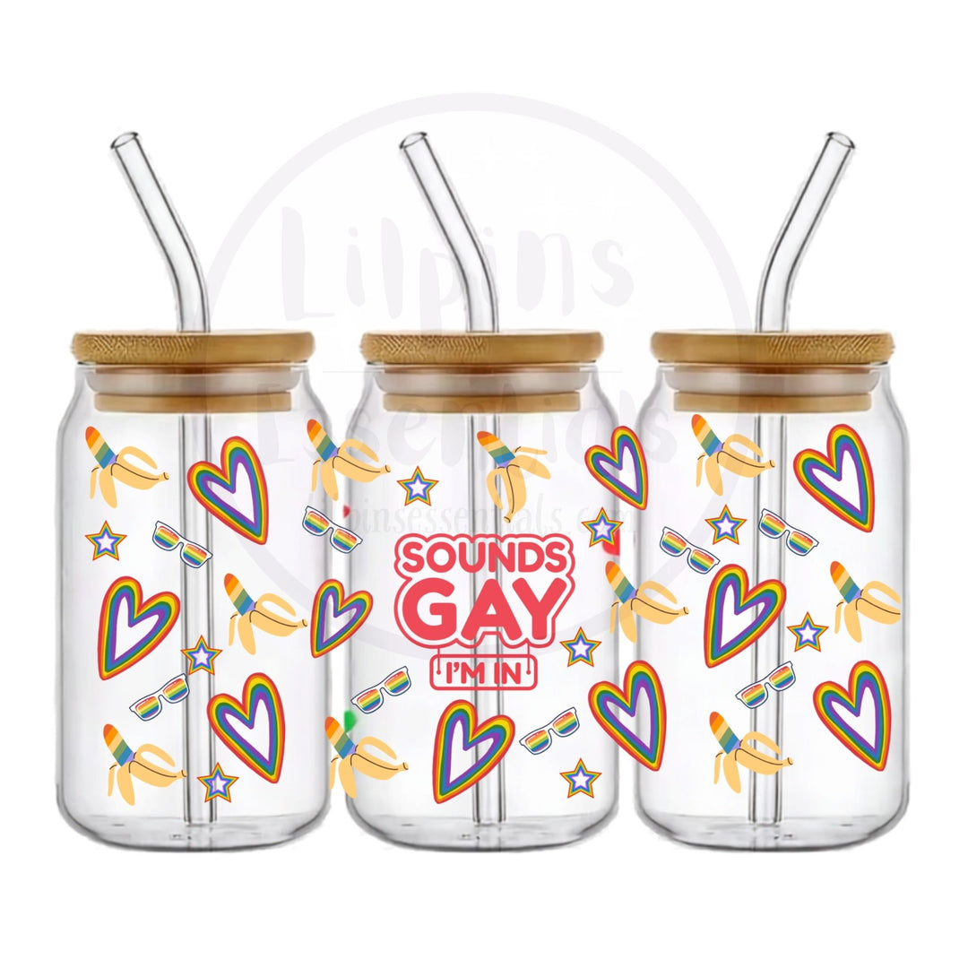 Sounds Gay 16oz glass tumbler with rainbow hearts, sunglasses and playful artwork