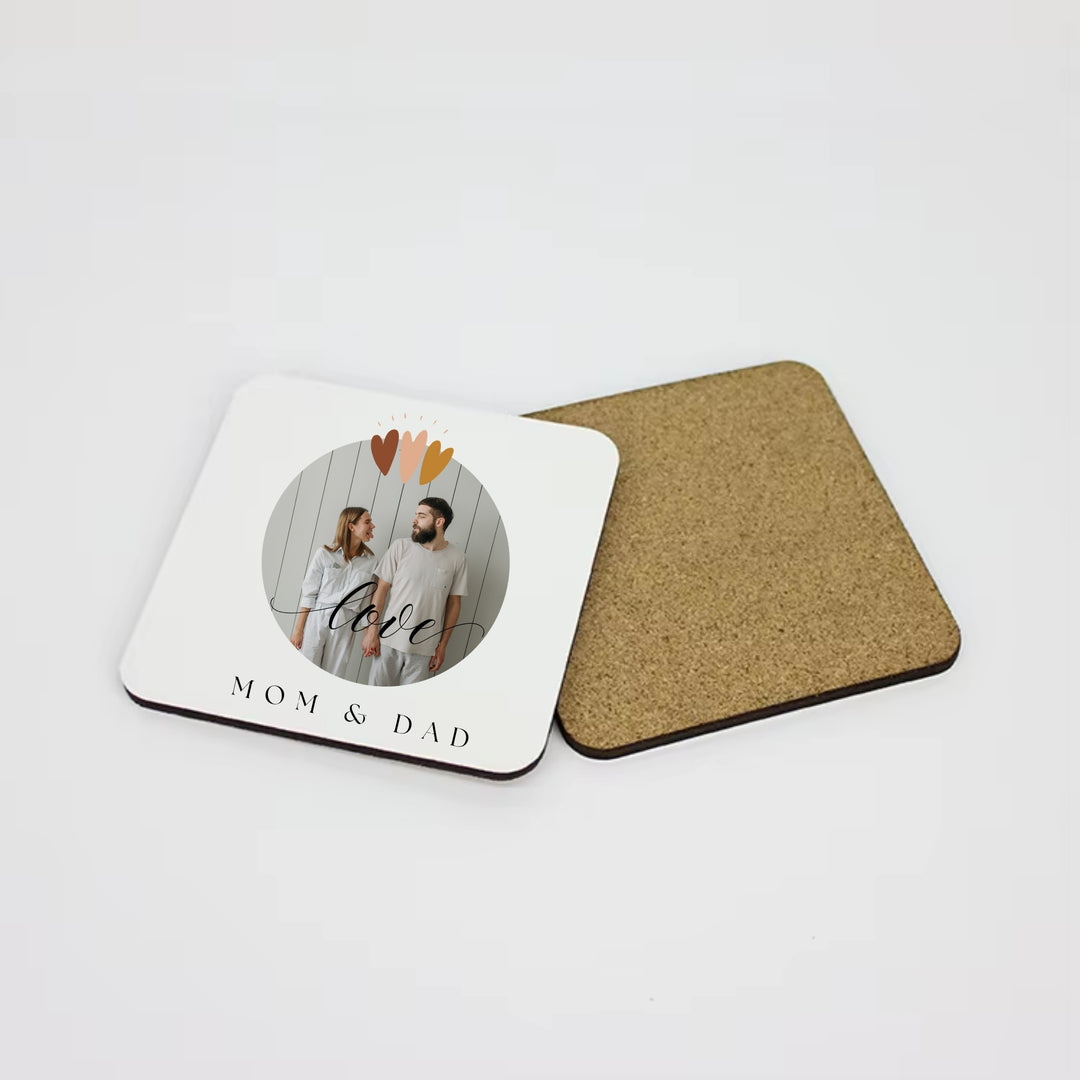 Personalised Mum and Dad photo coaster displayed as a family keepsake gift