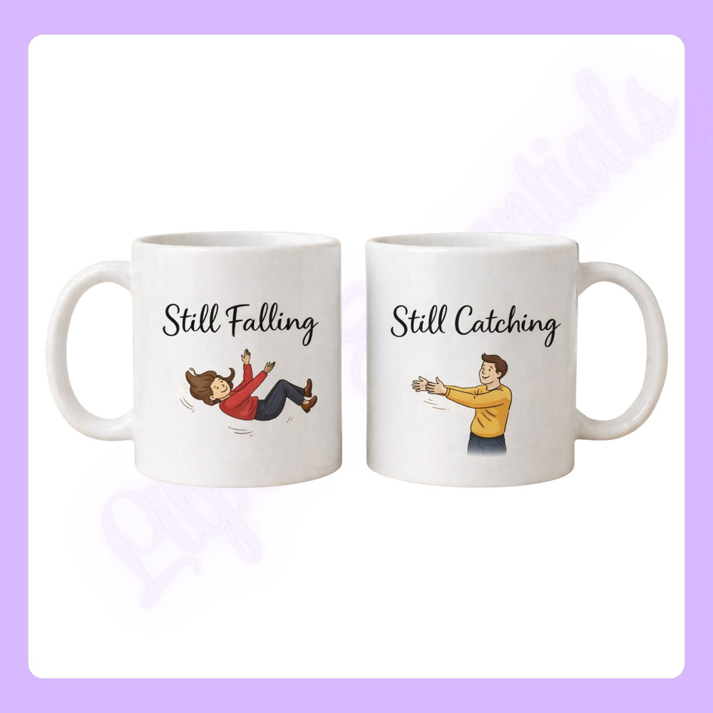 Couples mugs with illustrations and text 'Still Falling' and 'Still Catching' 