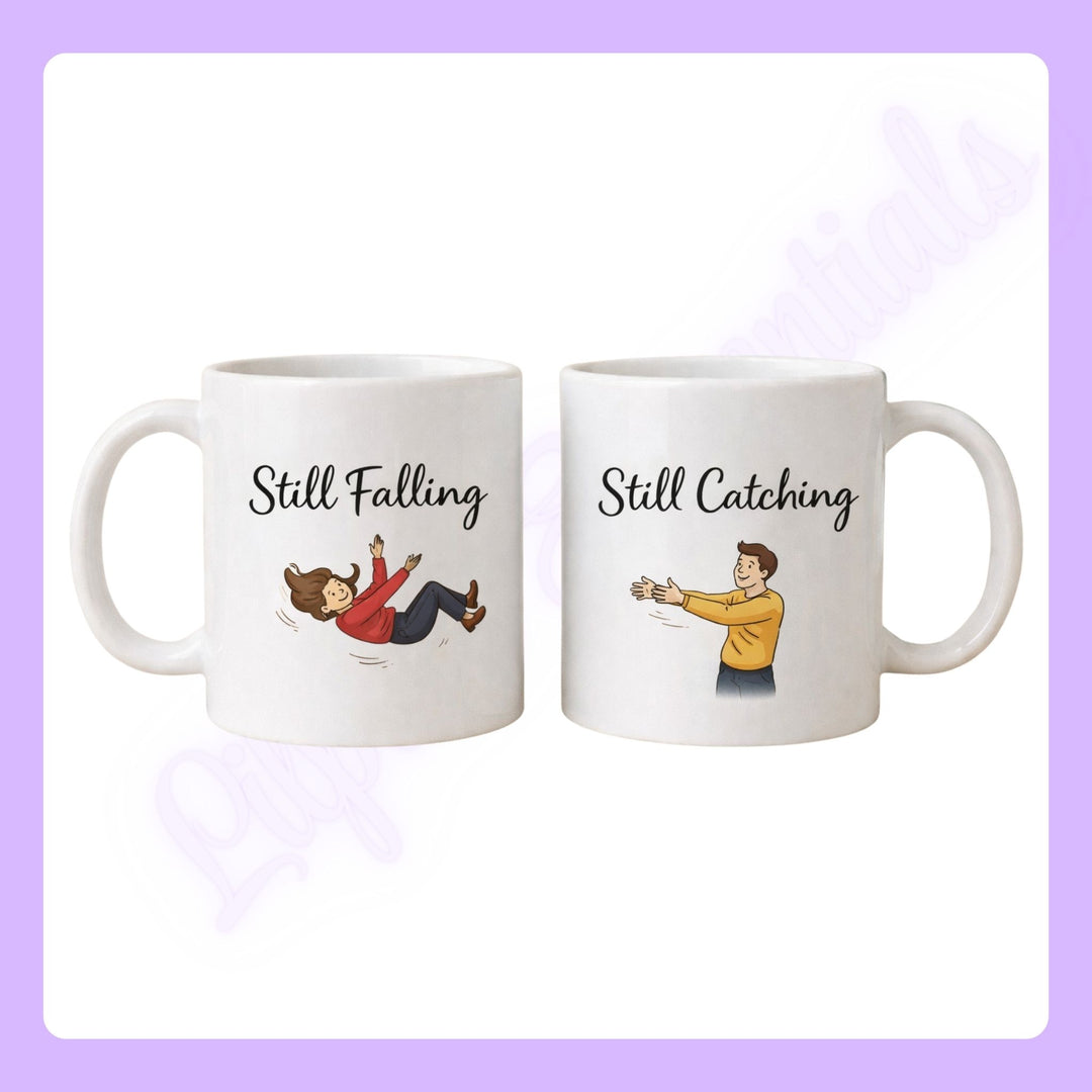 Couples mugs with illustrations and text 'Still Falling' and 'Still Catching' 