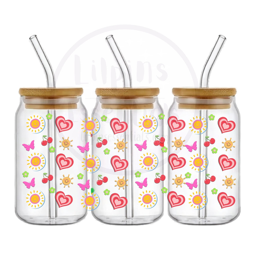 Sunny hearts and cherries 16oz glass tumbler with butterflies and smiley sun pattern