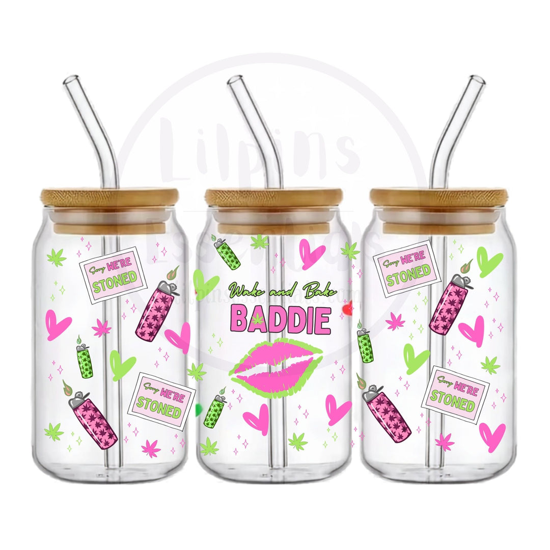 Wake &amp; Bake Baddie 16oz glass tumbler with ready-made wraparound design