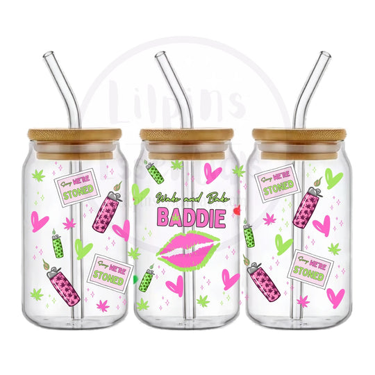 Wake &amp; Bake Baddie 16oz glass tumbler with ready-made wraparound design