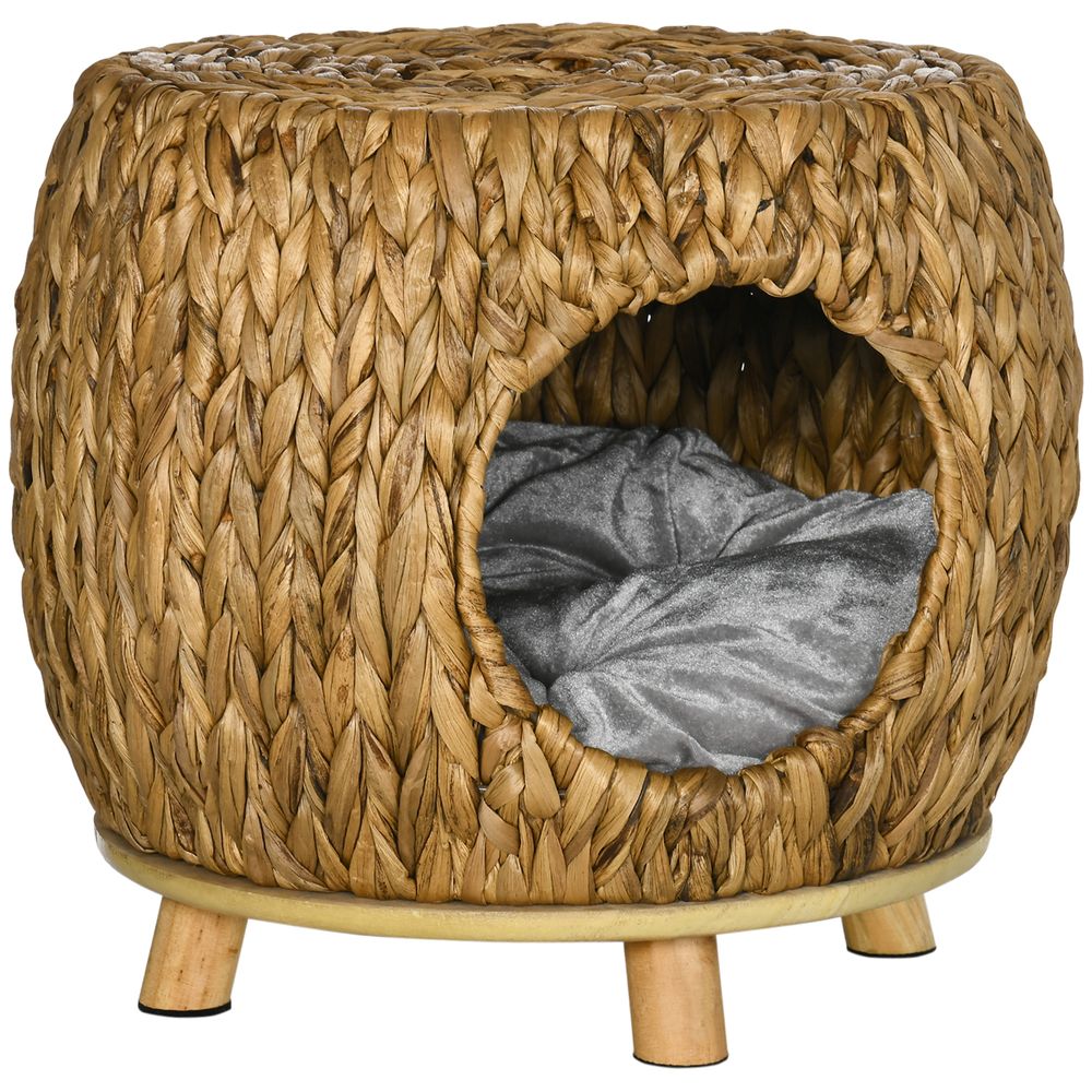 Rattan Cat House Stool, Wicker Kitten Bed for Outdoors and Indoors w/ Cushion